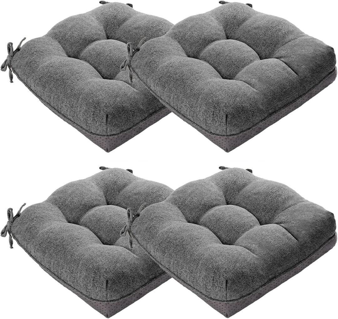 MAGIC ELEPHANT Chair Cushions for Dining Chair, Shredded Memory Foam Kitchen Chair Cushions Set of 4, Non-Slip Thick Dinning Room Chair Pads Seat Cushions, 15.5" x 15.5" x 4" (Grey)