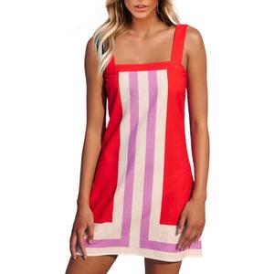Ailoqing 2026 Women Boho Floral Mini Dress Summer Casual Color Block Beach Overall Striped Dress Coverups, Large