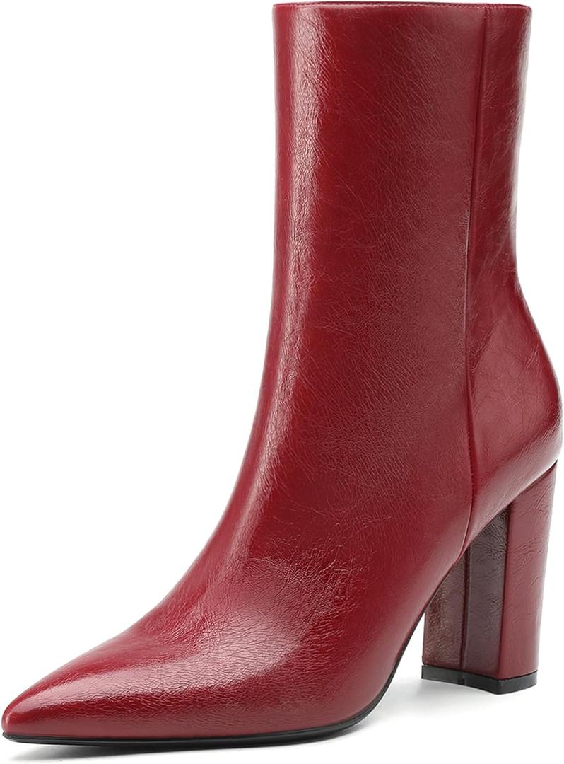 NEWBELLA Women's British Style Ankle Boots - Fashionable Vegan Leather Short Boots, Versatile Chunky Heel Booties for Everyday Wear, Burgundy 8