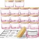 CONNOO 15 Pack 4 OZ Pink Glass Candle Jars with Airtight Bamboo Lids for Making Candles, Bulk Small Wide Mouth Empty Candle Containers with Sticky Warning Labels - Dishwasher Safe