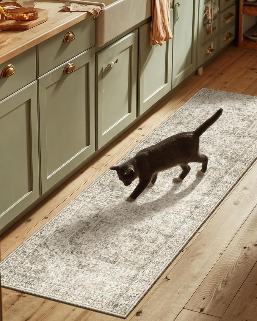 Machine Washable Kitchen Runner Rugs: 2'6"x8' Hallway Rug Non Slip Low Pile Stain Resistant Soft Carpet Runners for Hallways Indoor Entryway Kitchen Laundry Room Bedroom Farmhouse (Brown and Cream)