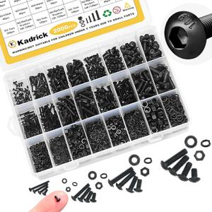 Kadrick Metric Screw Assortment, 2000PCS Metric Bolt Assortment Kit M2 M3 M4 M5 Machine Screws with Lock & Flat Washers, Grade 10.9 Alloy Steel Hex Socket Button Head Black Screws Nuts and Bolts Kit