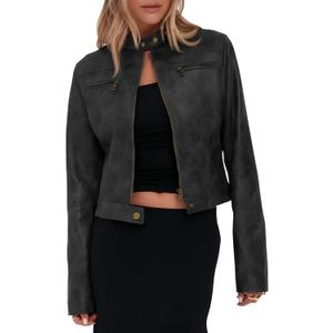 Onedreamer Women's Faux Leather Cropped jackets Casual Vintage Zip Up Stand Collar Motorcycle Short Coat Jacket (Large, Dark Grey)