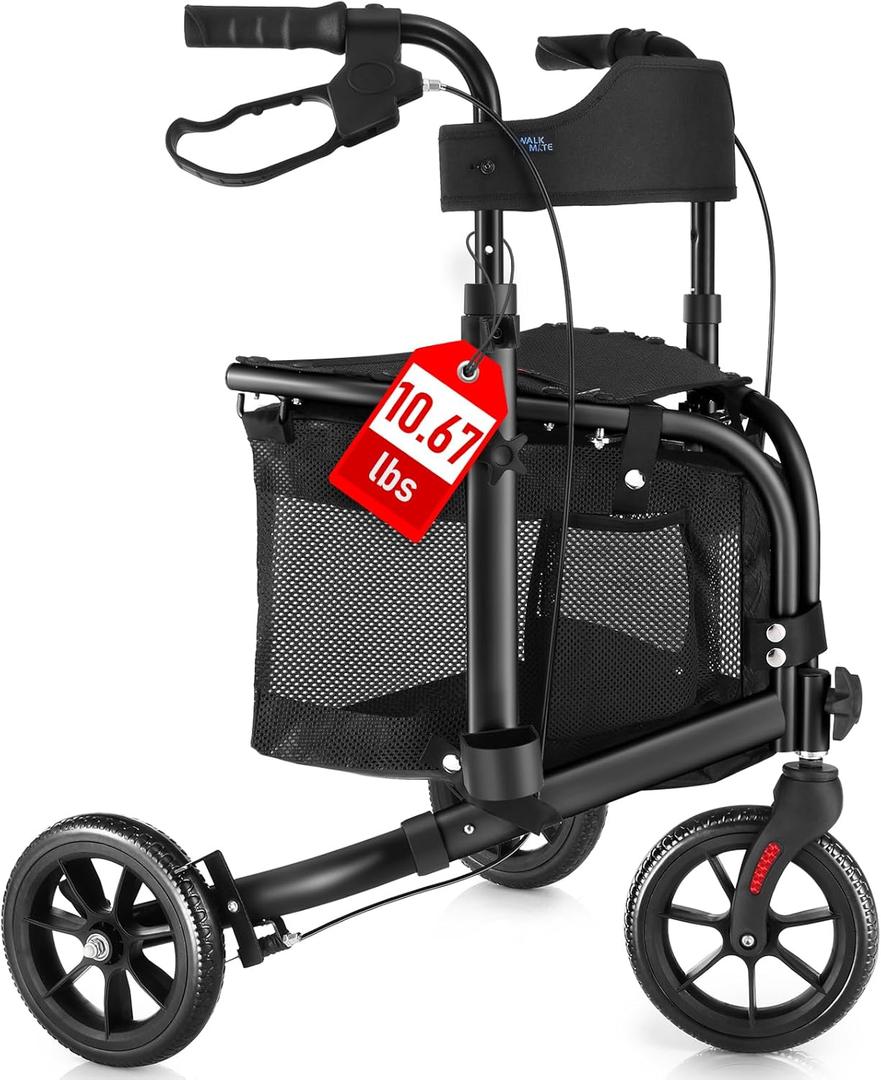 WALK MATE 3 Wheel Rollator Walker with Seat for Slim Seniors, Padded Backrest Lightweight Foldable Travel Walker Ideal for Elderly, 8 Inch Tri-Wheel Modern Mobility Walking Aid Aluminum, Black