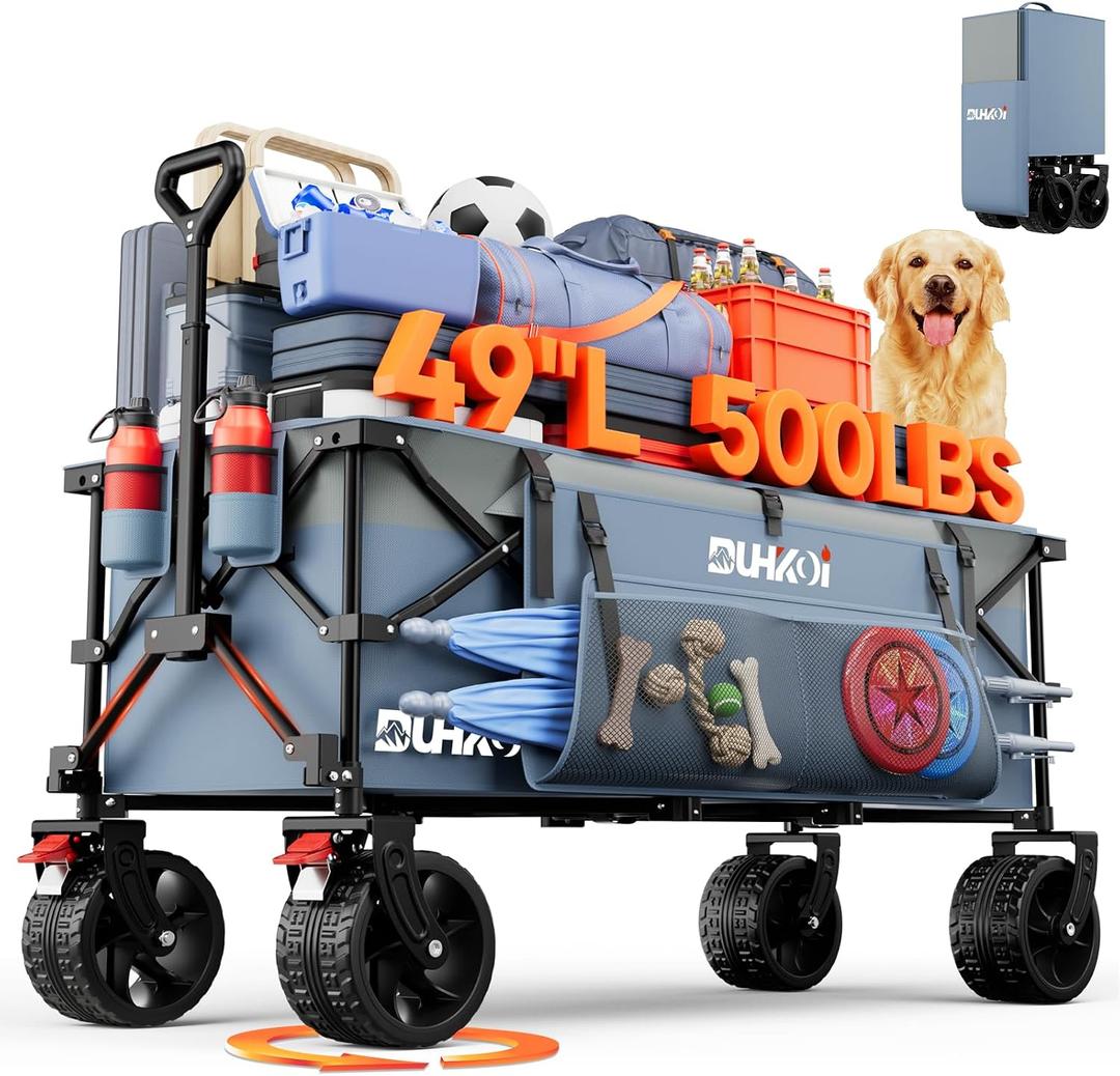 49" L Collapsible Extended Wagon with 500lbs Weight Capacity,300L Heavy Duty Sports Wagon,Big All-Terrian Wheels with Cup Holders,Cart for Sports,Grocery,Shopping(LightBlue)