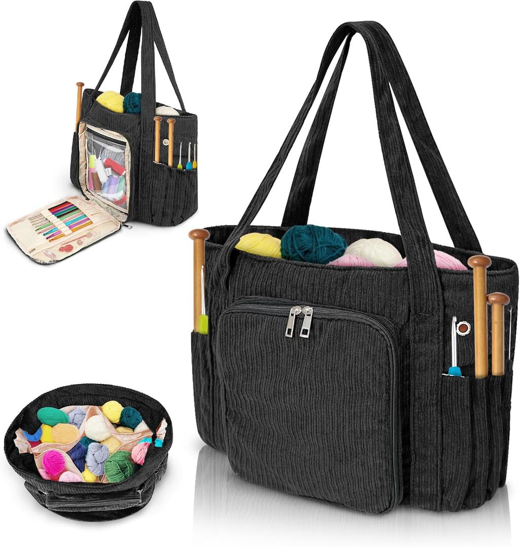 ORKELS Large Corduroy Crochet Tote & Yarn Bag  Portable Organizer for Yarn, Hooks & Accessories  Ideal Gift for Crocheters, Black
