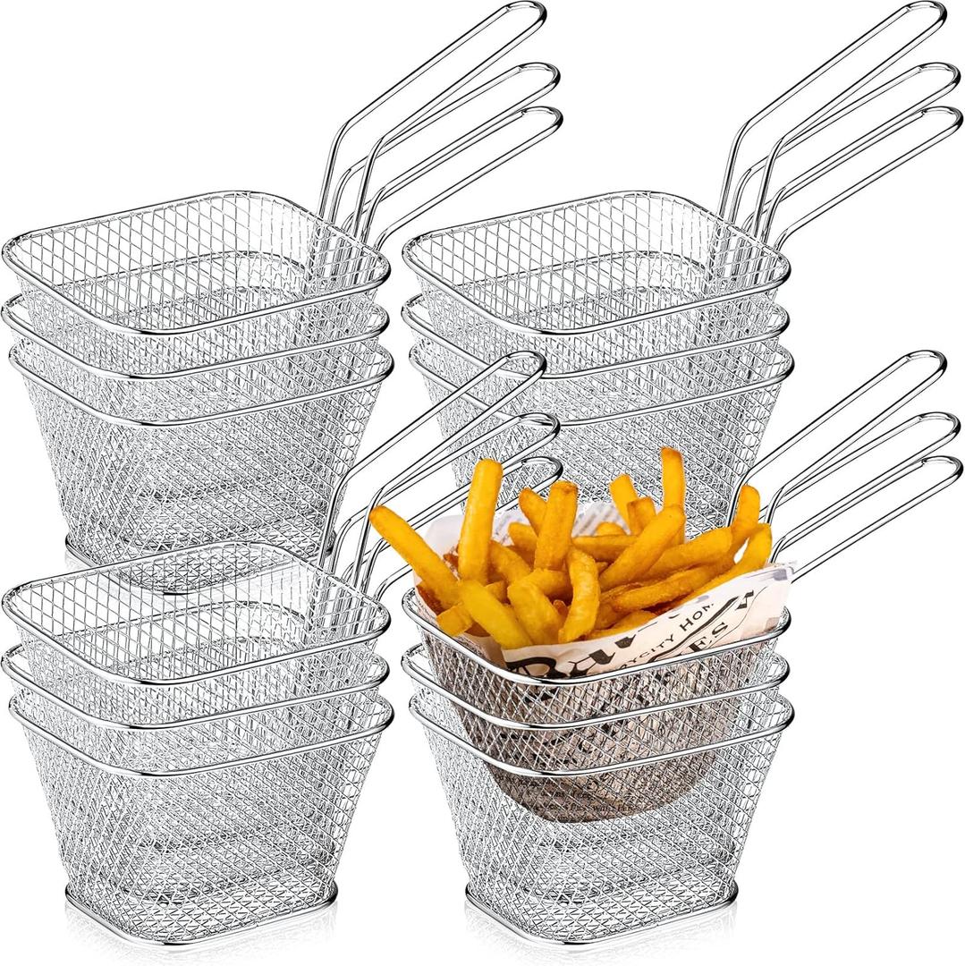 Sieral 12 Pcs Mini Square Fry Basket Bulk Stainless Steel French Fry Holder Food Baskets for Serving Fryer Container with Handle Reusable Small Deep Fryer Holder for Home Kitchen Decor(Silver)