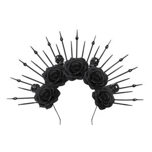 Halloween Black Rose Skull Goddess Halo Crown Headband for Women, Mexican Day of The Dead Gothic Flower Sunburst Headpiece Spiked Headdress for Halloween Carnival Party Cosplay Costume