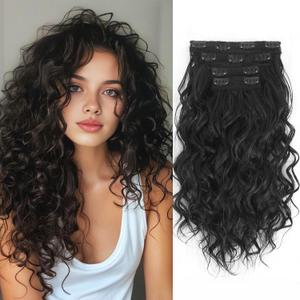 Curly Hair Extensions,LEOSA 4PCS 16 inch Clip in Hair Extensions Short Soft Natural Hairpiece Lace Weft Curly Wave Clip Ins Extensions Invisible for Women,Natural Black with Eylashes and Hairpins