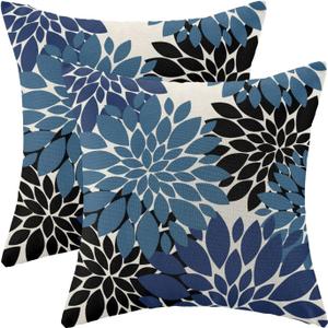 CXMEIFLY Navy Blue Black Pillow Covers 18x18 Inch Set of 2 Dahlia Floral Decor Throw Pillows Summer Modern Geometry Flower Outdoor Decorative Cushion Cases for Sofa Couch Bed Decoration