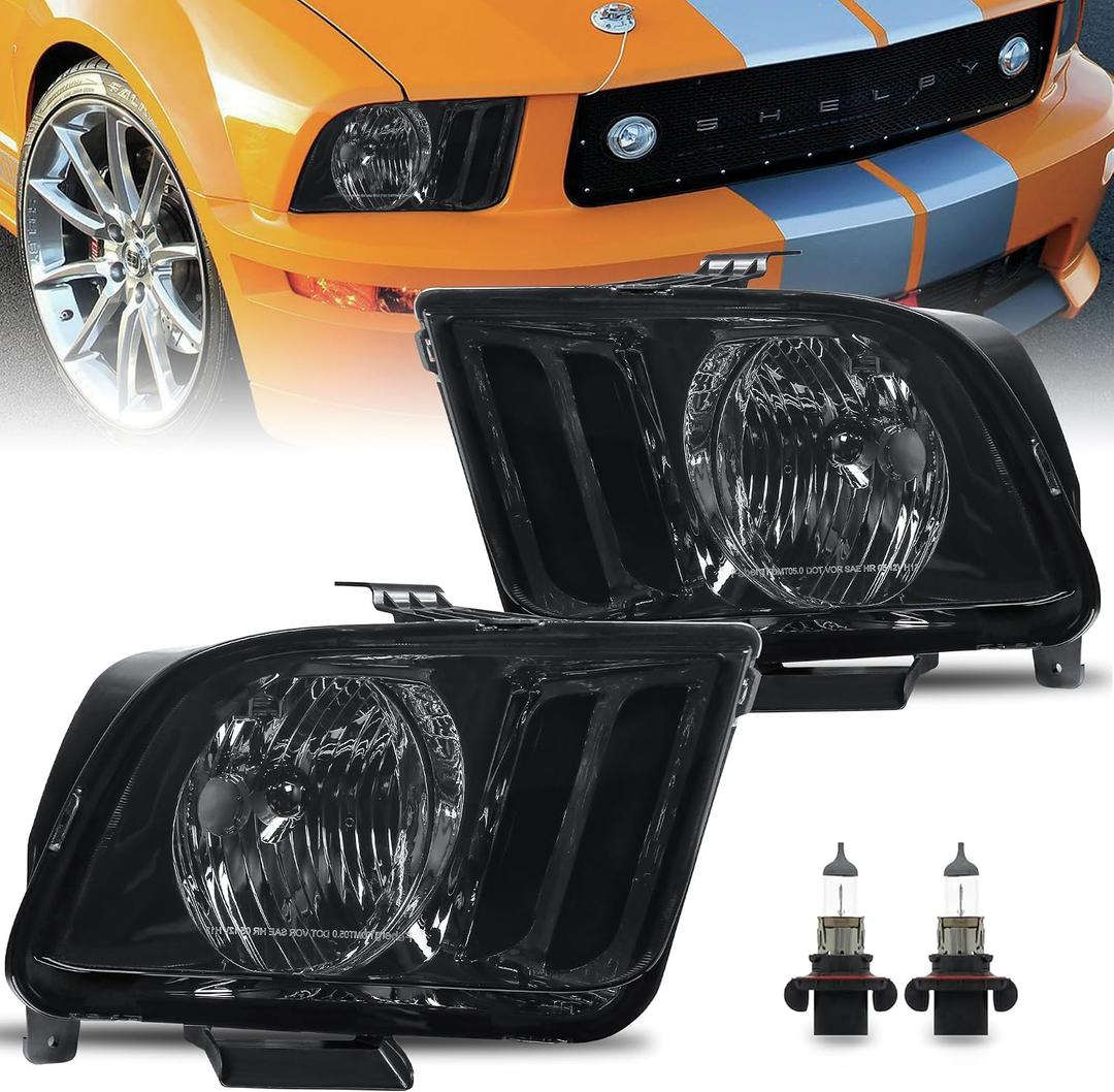 KUIPERAUTO Headlights Assembly Compatible for 2005 2006 2007 2008 2009 Ford Mustang w/Black Housing Smoke Lens Bulbs Included Driver and Passenger Side Headlights
