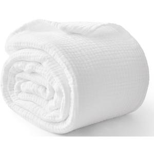 100% Cotton Muslin Blanket Queen 90" x 90", 6 Layers Breathable and Lightweight Cotton Throw Blanket for Bed, Soft Quilt Bedspread Coverlet, Gauze Blanket for Adults All Season, Beige Linen, White