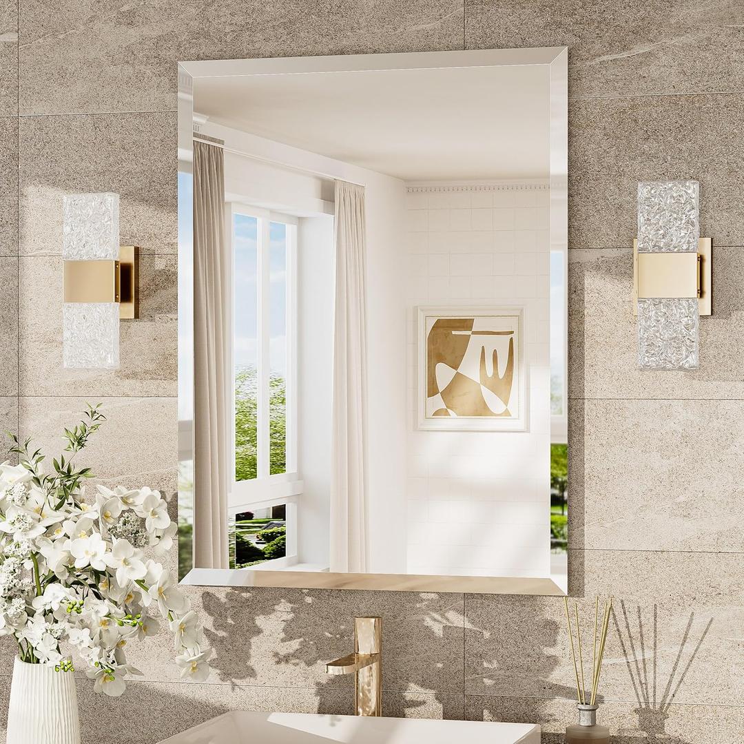 TokeShimi 24x32 Beveled Bathroom Mirror Frameless, Tempered Rectangle Bathroom Vanity Mirror Beveled with 1" Beveled Edge, Shatterproof Farmhouse Wall Mirrored for Living Room, Entryway, Restroom