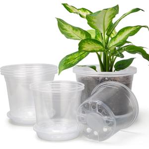 OUPSAUI 8/7/6 Inch Clear Nursery Pots with Drainage and Trays, 9 Pack Large Plastic Pots for Plant, Seedling Starter Pot, Garden Pots for Succulents Flower Vegetables Herb