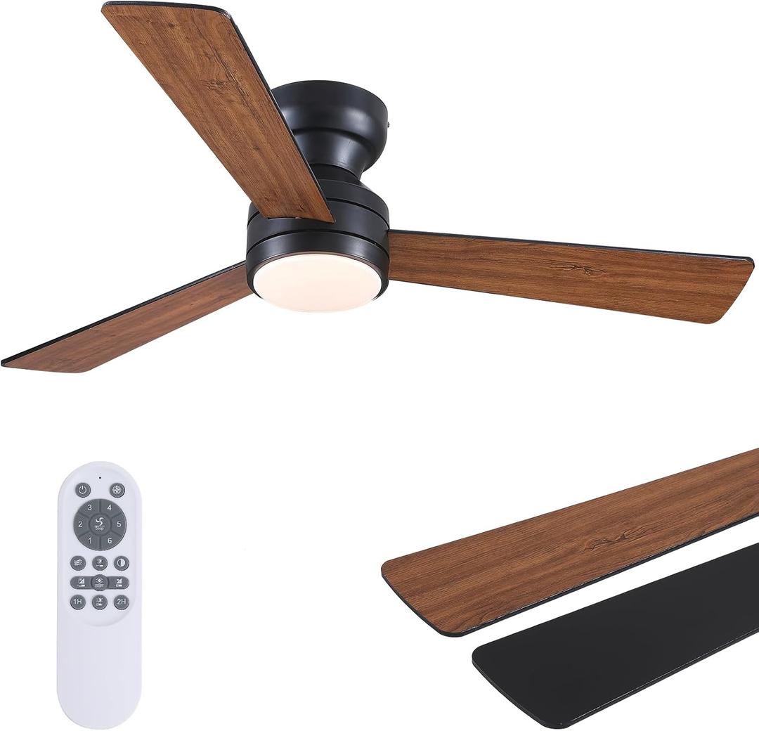 Asyko Ceiling Fans with Lights, 46" Low Profile Ceiling Fan with Light and Remote Control, Flush Mount, Reversible, Dimmable LED, Noiseless, Brown Ceiling Fan for Bedroom, Dining Room