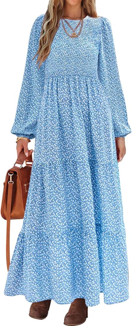 PRETTYGARDEN Women's Fall Dresses 2025 Long Sleeve Flowy Casual Floral Maxi Dress Crew Neck Smocked Tiered Long Dress (Blue, L)