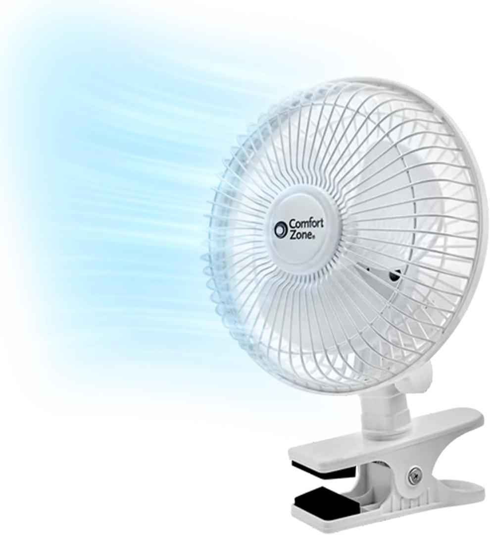Comfort Zone Portable Clip on Fan with Fully Adjustable Tilt, Electric, 6 inch, Quiet, Indoor, 2 Speed, Mini Desk Fan, Table Fan, Airflow 6.53 ft/sec, Ideal for Home, Bedroom, Dorm & Office, CZ6C (White)