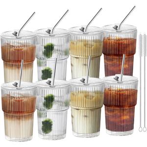 HIGIINC Iced Coffee Cups With Lids and Straws 8 Pcs, 16 OZ Unbreakable Glasses Drinking Set,Clear Plastic Cups Reusable Iced Coffee Tumbler with Lid and Straw, To Go Coffee Cups Dishwasher Safe