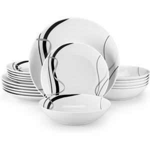 VEWEET Porcelain Dinnerware Sets for 6, 18 Pieces Plates and Bowls Set with Black and Grey Ribbon Lines, Dishes Set Dining Ware for Dinner, Microwave and Dishwasher Safe, Series FIONA