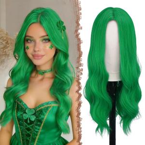 FESHFEN Long Green Wigs for Women, 24 inch Middle Parting Synthetic Wavy Wig for Daily Party, Green