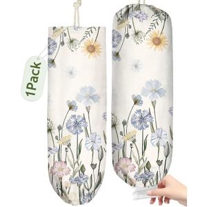 Plastic Bag Holder Organizer - 1 Pack Reusable Canvas Grocery Bags Holder Hanging Wall Cute Aesthetic Shopping Bag Storage Dispenser with Drawstring Closure for Kitchen Home, Color Floral