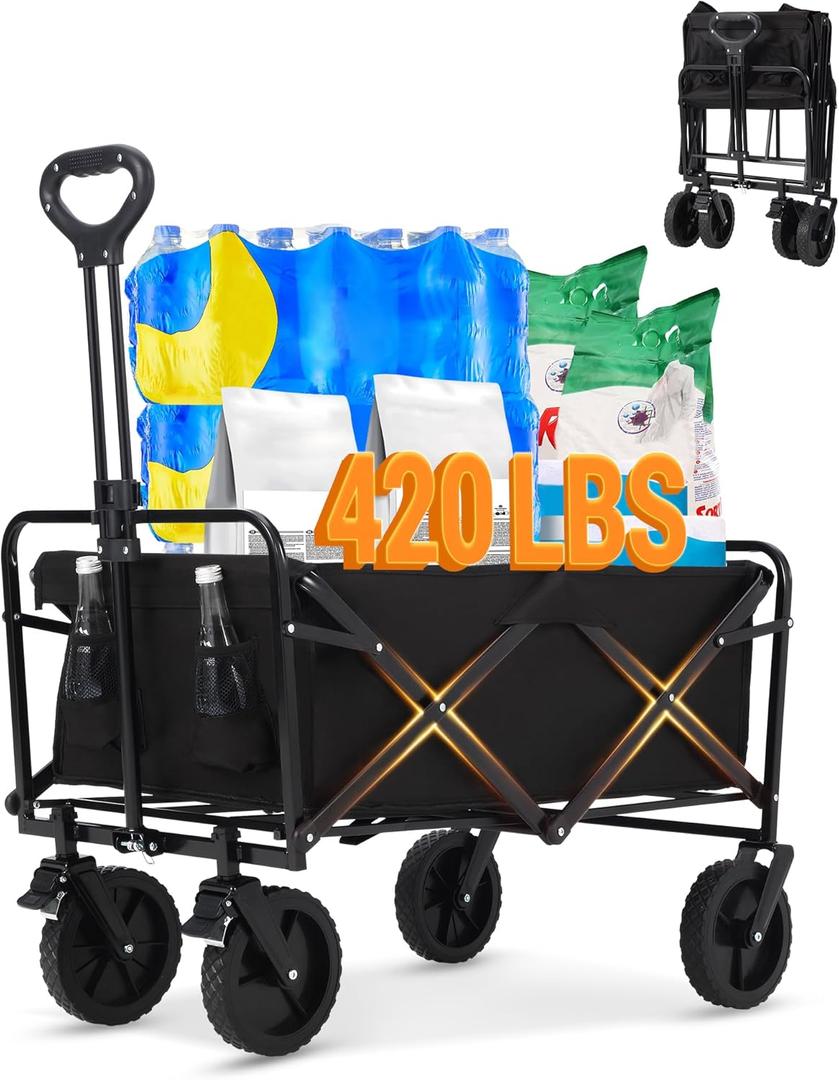 420LBS Heavy-Duty Collapsible Wagon Cart | All-Terrain Folding Utility Wagon with Drink Holders, Steel Frame & Waterproof Fabric | Perfect for Beach, Camping, Gardening, Grocery Shopping