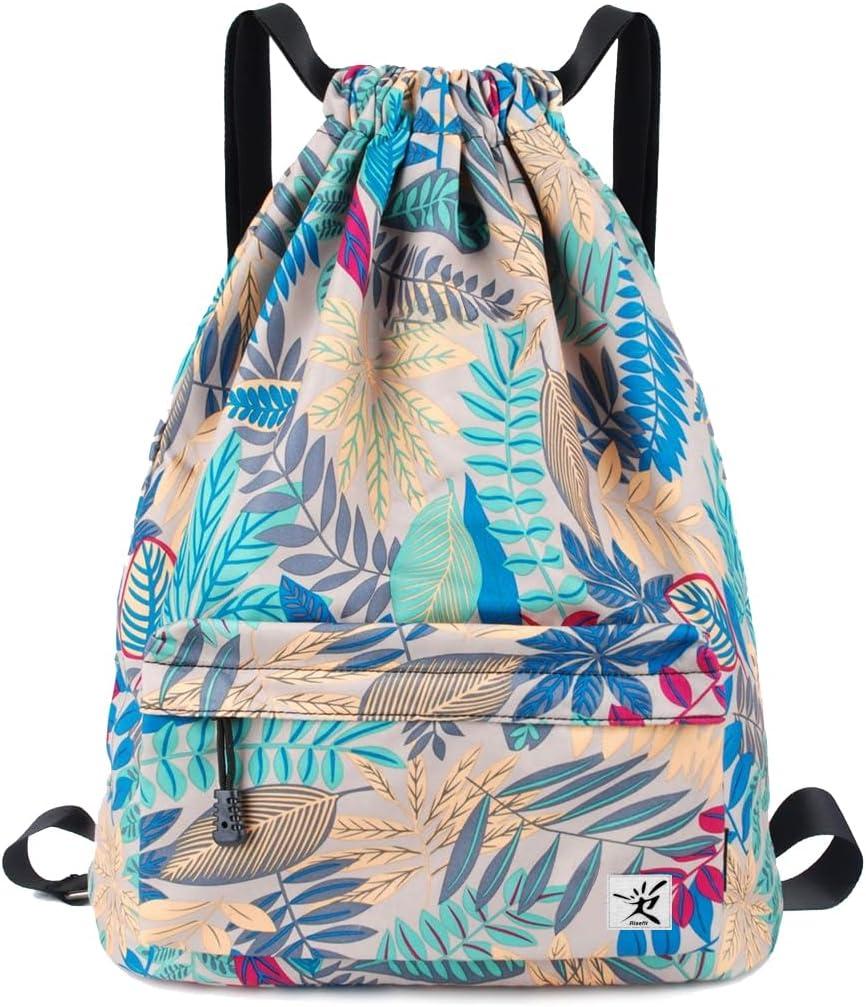 Drawstring Backpack with Mesh Pockets String Gym Bag Sackpack Sandproof Water Resistant Beach Backpack for Men Women (01-gray Leaves)