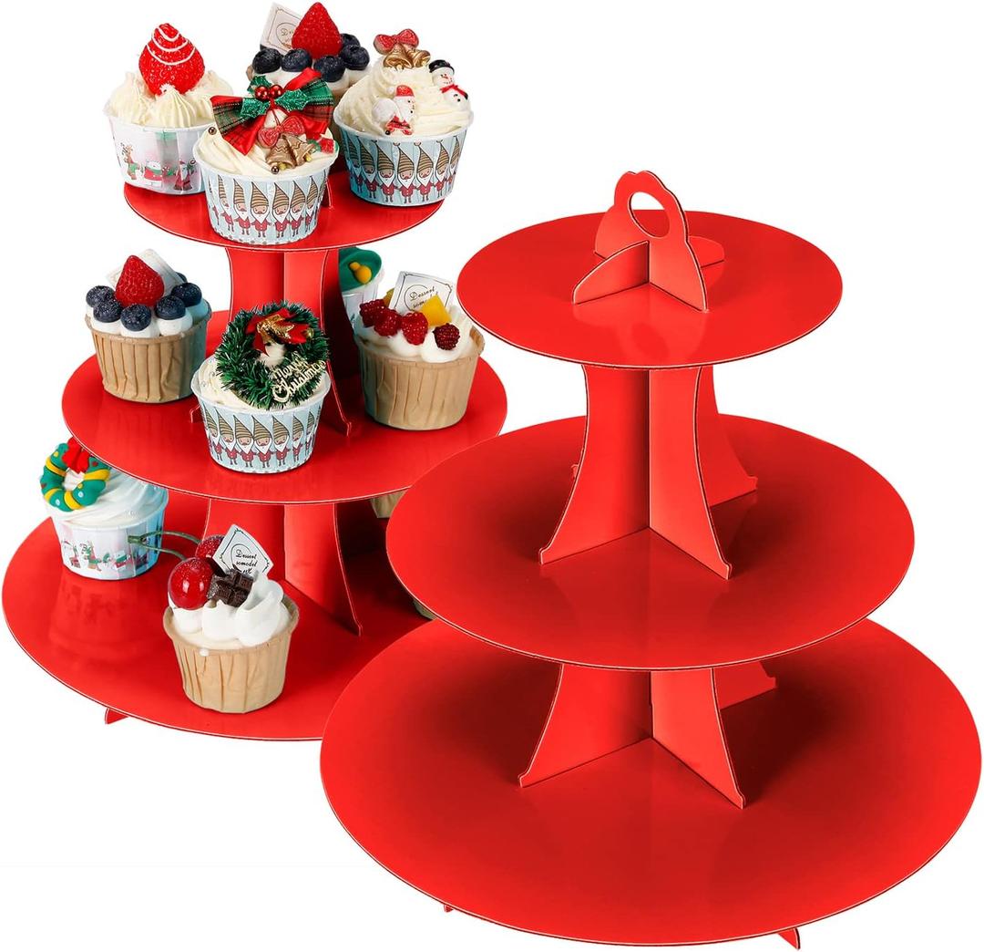 YLDW Cupcake Stand 2Pcs, 3-Tier Cupcake Stand Display, Cardboard Cup Cake Tower Stand, Disposable Dessert Stand for Birthday Tea Party Baby Shower Treat Decorations, Red