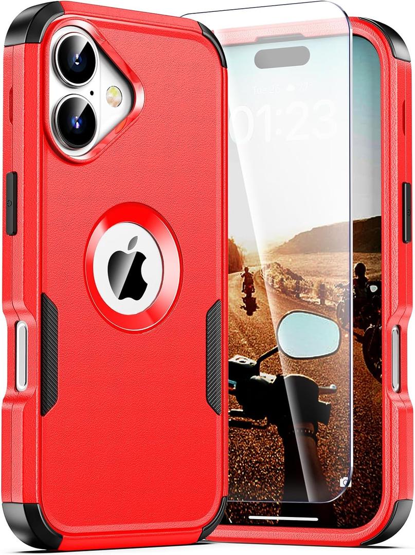 for iPhone 17 Case, 2X Screen Protector, Anti-Drop, 3‑Layer Military Grade Shockproof, Heavy Duty Protective Phone Cover, 6.3-Inch, Red