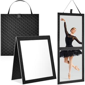 Colingmill Foldable Backstage Mirror with Handle Leather Folding Hanging Mirror Rectangular for Travel Dance Bag Home Fitness Spa Gift for Dancers (Black,24.6" L X 11.2" w)