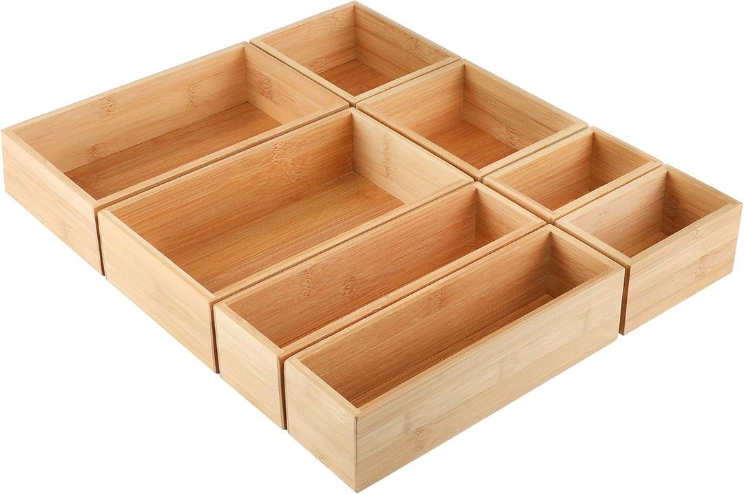 Kootek 8 Pcs Bamboo Drawer Organizer Utensil Tray Kitchen Storage Box 4-Size Versatile Dividers Cutlery Holders Bins Containers for Flatware Kitchen Utensils