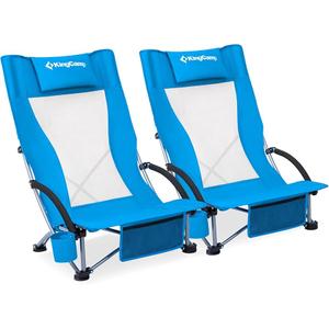 KingCamp Low Folding Beach Chair - Portable & Heavy Duty Beach Gear with 300lbs Capacity, Low Seat Design, Lightweight Camping Chair for Adults, Beach, Picnic, Concert & Outdoor Activities (Ergobreeze H Blue 2pcs)