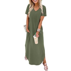 WIHOLL Women's Summer Short Sleeve Dresses Maxi Dress Vacation Beach Sundresses 2026 with Pockets (Black, M)