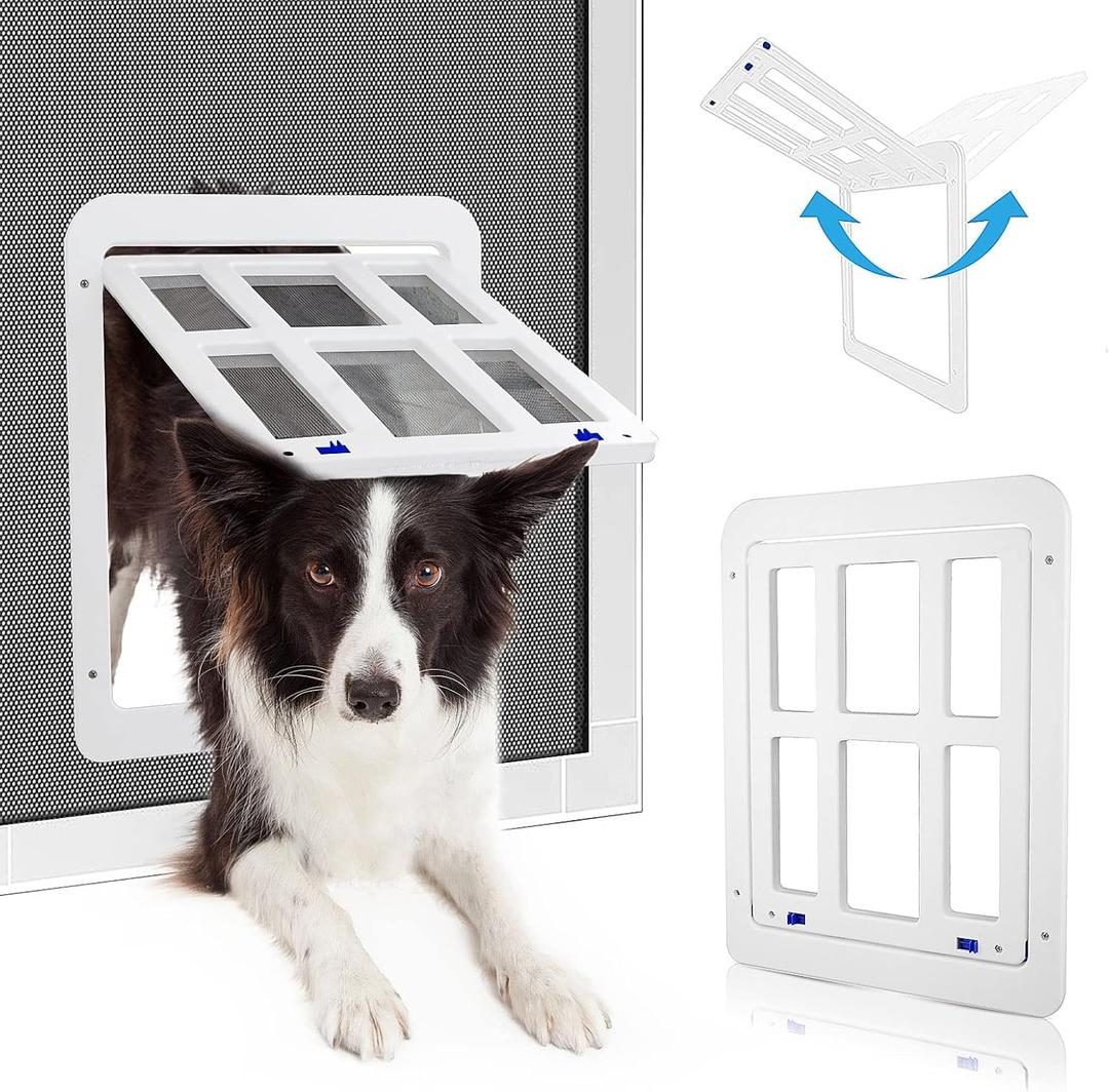 Dog Door for Sliding Door, Lockable Dog Screen Door with Magnetic Closure Easy Install Pet Door for Dogs Cats, Inner Flap 11.2 x 14.4 inches, White L