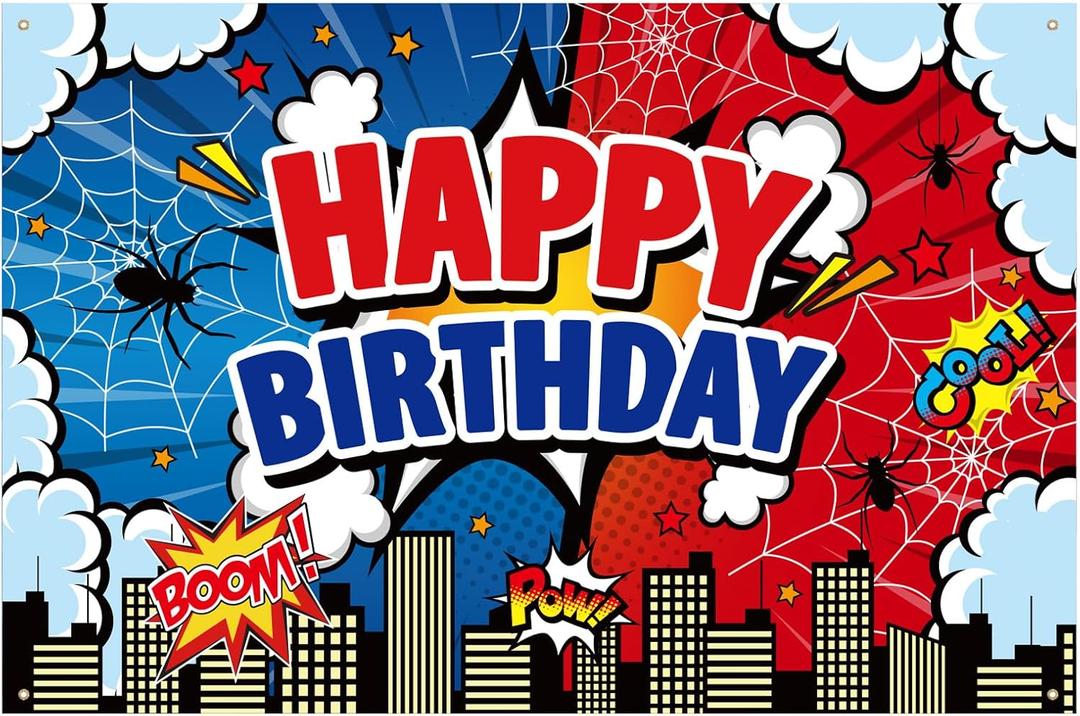Spider Web Backdrop Decoration, 4.99x3.28ft Red & Blue Spider Web Metropolis Theme Happy Birthday Cartoon Banner for Boys Birthday Party Decoration