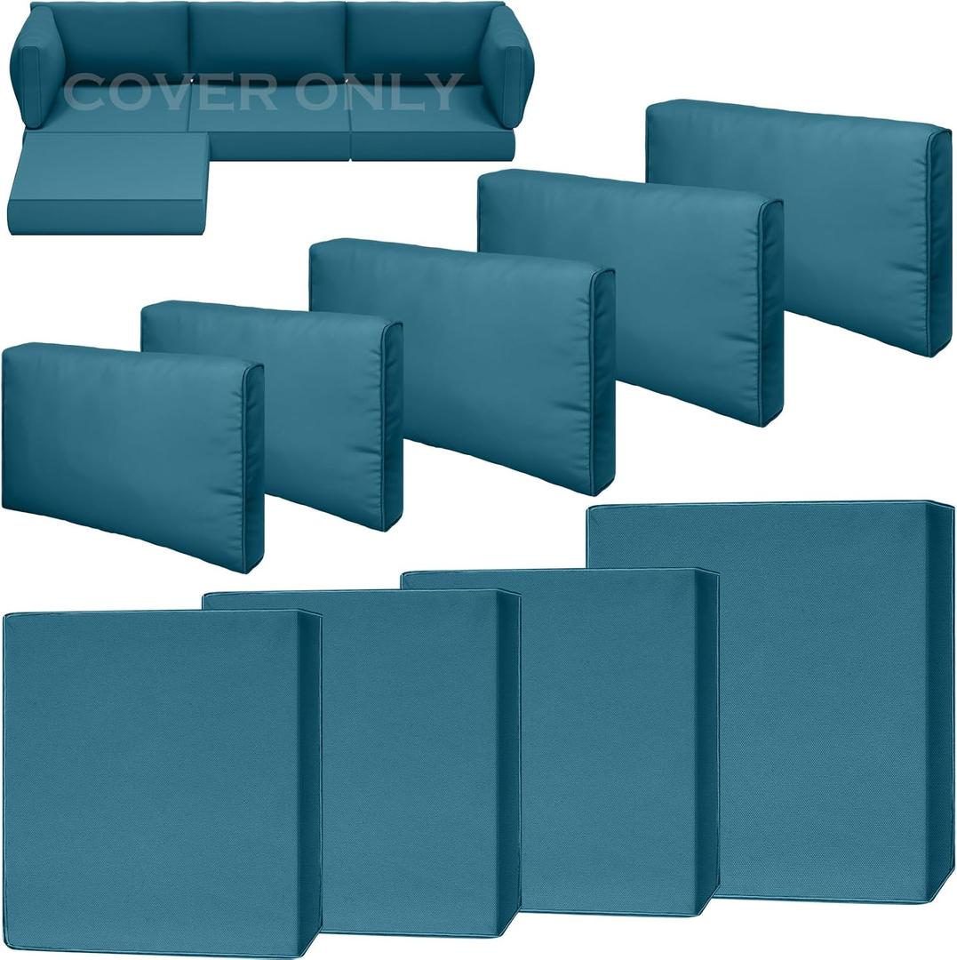 9 Piece Outdoor Patio Waterproof Cushion Covers, Fits 4-Seat Wicker Rattan Sectional Couch Chair Furniture Cover Replacement Set - Fade-Resistant Patio Cushion Covers with Zipper (25.6*25.6*3 inches-9 Pcs, Peacock Blue)