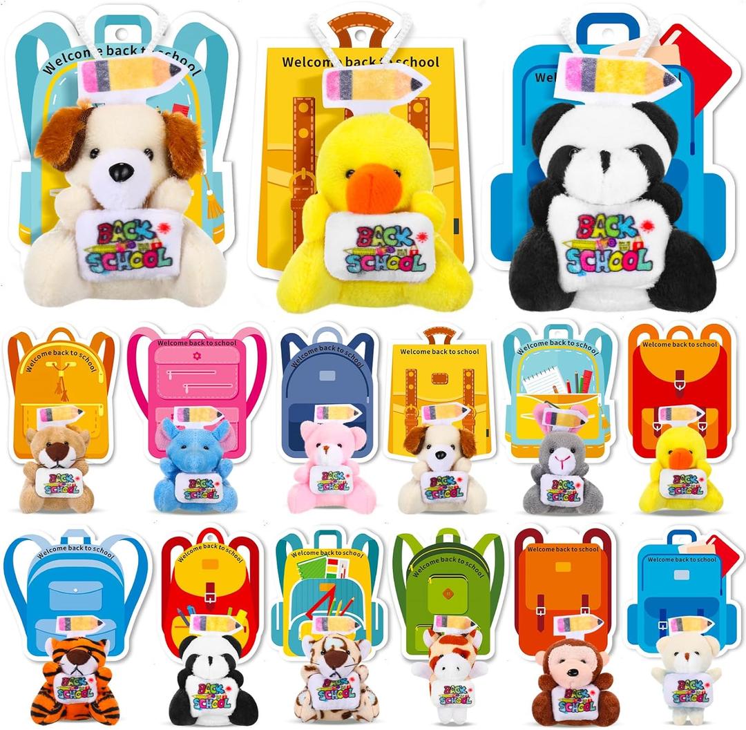 15 Set Welcome Back to School Gifts for Students Teachers Stuffed Animals Bulk Mini First Day of School Plush Animals with Card Small Stuffed Doll Tiny Keychain Classroom Gift Party Favors