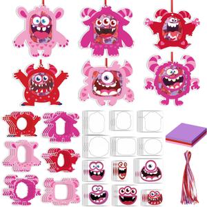Realspring 24 Sets Monster Valentine's Day Crafts DIY Valentines Paper Crafts Tissue Paper Crafts Kit Arts Hanging Ornament for Sunday School Crafts Valentine Party Game Activities