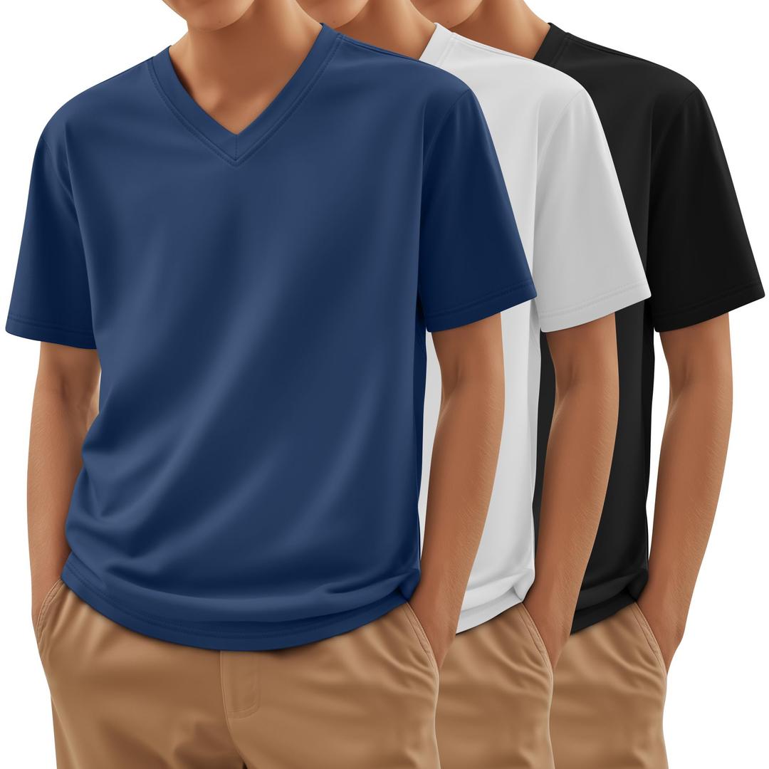 LessonZoo 3 Pack Boys V Neck Short Sleeve T Shirts, 3-Color, XX-Large