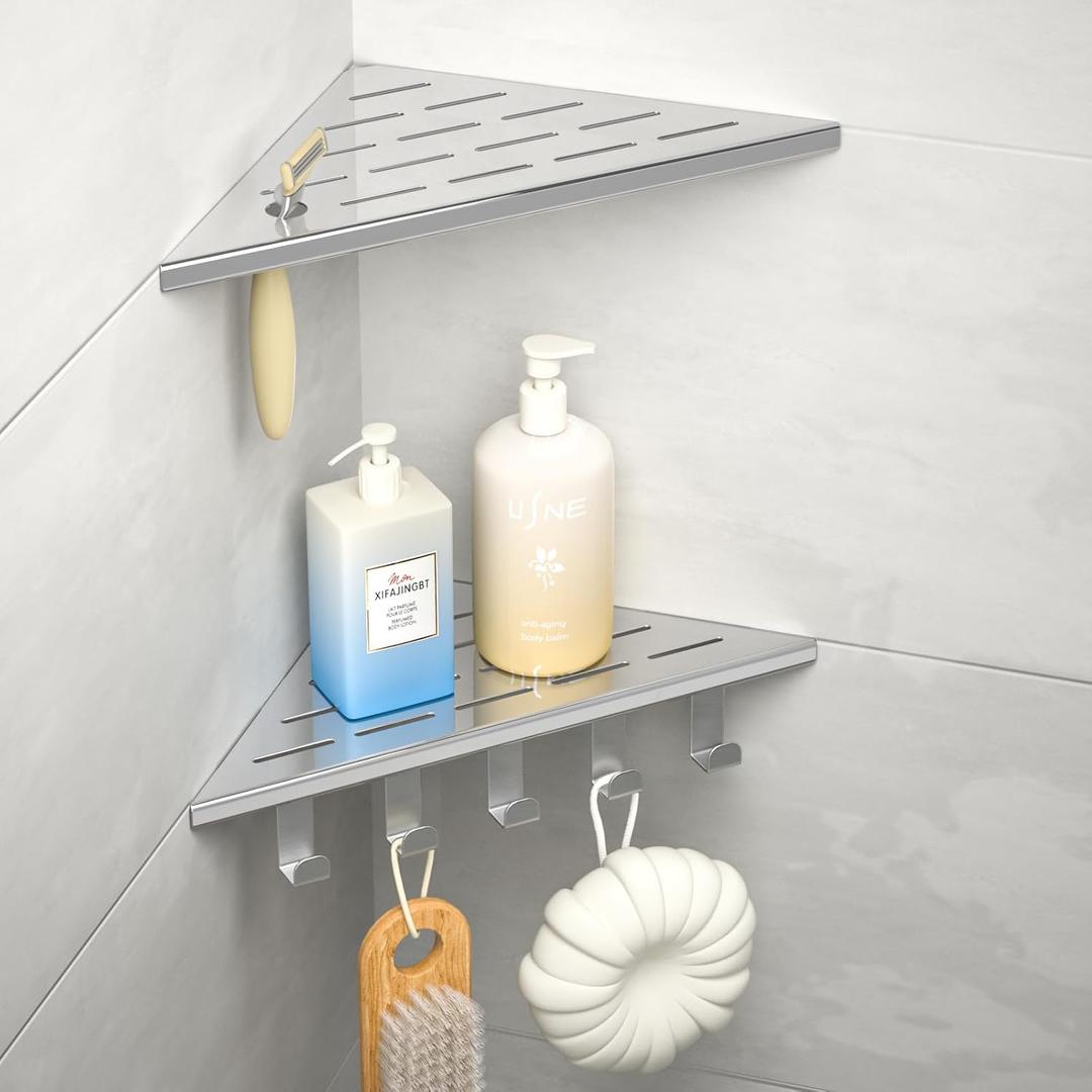 10 Corner Shower Shelf, 304 Stainless Steel Shelves for Bathroom, Grout in Shelf with Hooks for Tiled Wall (Polished)
