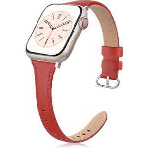 Slim Leather Band Compatible for Apple Watch 38mm 40mm 41mm 42mm Series 10, Slim Thin Elegant Top Grain Genuine Leather Strap Compatible for iWatch Series 10 9 8 7 6 5 4 3 2 1 SE Women (Red)