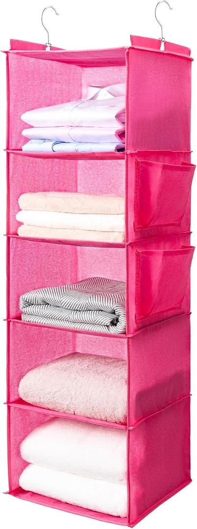 BOOMIBOO Hanging Closet Organize and Shelves5-Hanging Shelf with 2 Side PocketsStorage Foldable Pink (1)