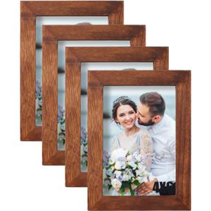 Ray & Chow 4x6 Picture Frames Set of 4, Made of Solid Wood and Real Glass, Display 4x6 Photos for Tabletop and Wall Mount,Rustic Brown