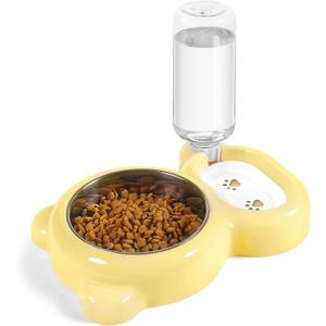 Dog Bowls, Cat Food and Water Bowl Set with Water Dispenser and Stainless Steel Bowl for Cats and Small Dogs - Yellow