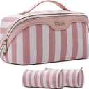 BOYATU Travel Makeup Bag for Women: Large Cosmetic Bag Set of 3 - PU Leather Make up Bag with Compartments - Compact Waterproof Toiletry Bag with Divider & Handle (B-1-Pink)