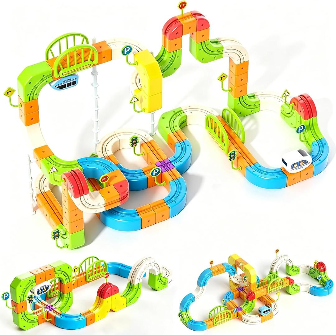 Electric Train Set for Kids, 3D Gravity-Defying Flexible Race Track Building Toy, DIY Rail Cube Track Kit, STEM Motorized Trains Race Tracks Toys Gift for Boys Girls Ages 3+