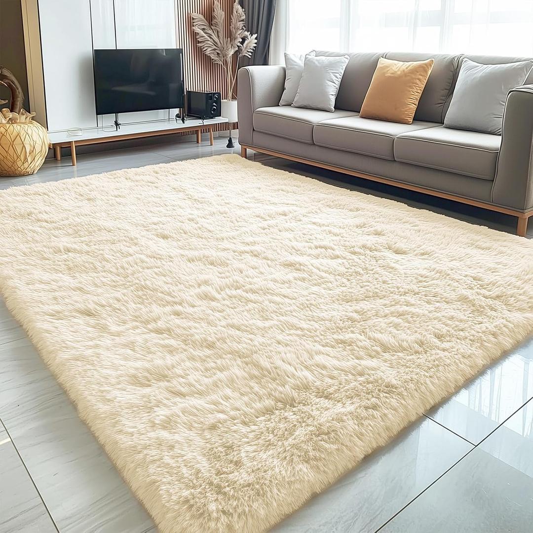 OLANLY 5x8 Machine Washable Large Area Rugs for Living Room, Bedroom, Soft Fluffy Shaggy Bedside Rug, Indoor Floor Carpet for Kids Girls and Boys, Dorms, Nursery, Home Decor Aesthetic, Cream
