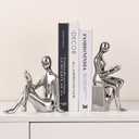 Ceramic Decorative Bookends, Book Ends for Shelves, Home Office Decor Aesthetic Statues Book Holders Stoppers for Bookshelf, Table, Bedroom Living Room Decoration (Silver)