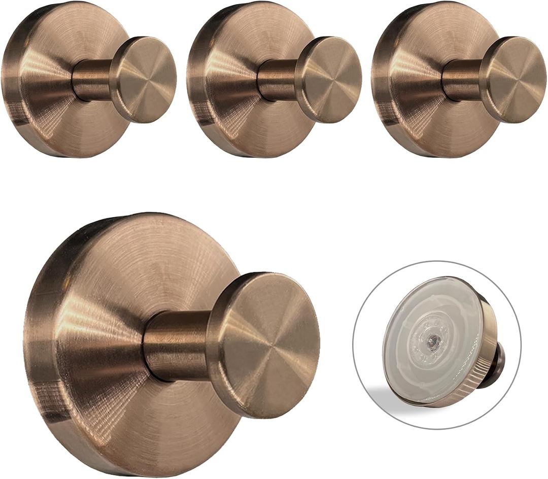 Suction Cup Hooks for Shower - 4 Pack, Bronze - Stainless Steel, Strong Suction, No Drill, Removable Hanger, Tile Bathroom Kitchen Wall, Glass Door, Mirror Hook Hanging Robe, Towel Holder