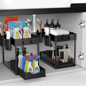2 pack Under Sink Organizer And Storage, 2-Tier Under Sliding Sink Organizers, Storage Cabinet Under Sink Shelf For Kitchen/Bathroom Organizer With 2 Storage Drawer Baskets,8 Hooks,4 Hanging Cups